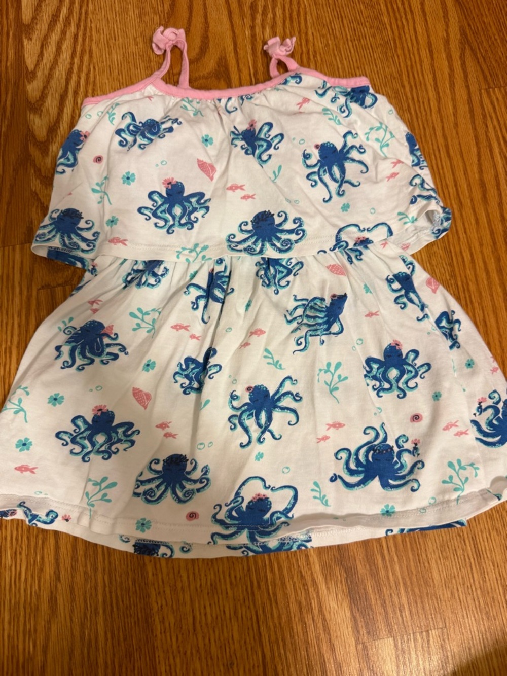 Hatley White Dress with Blue Octopus Print and Pink Trim and pink bloomers